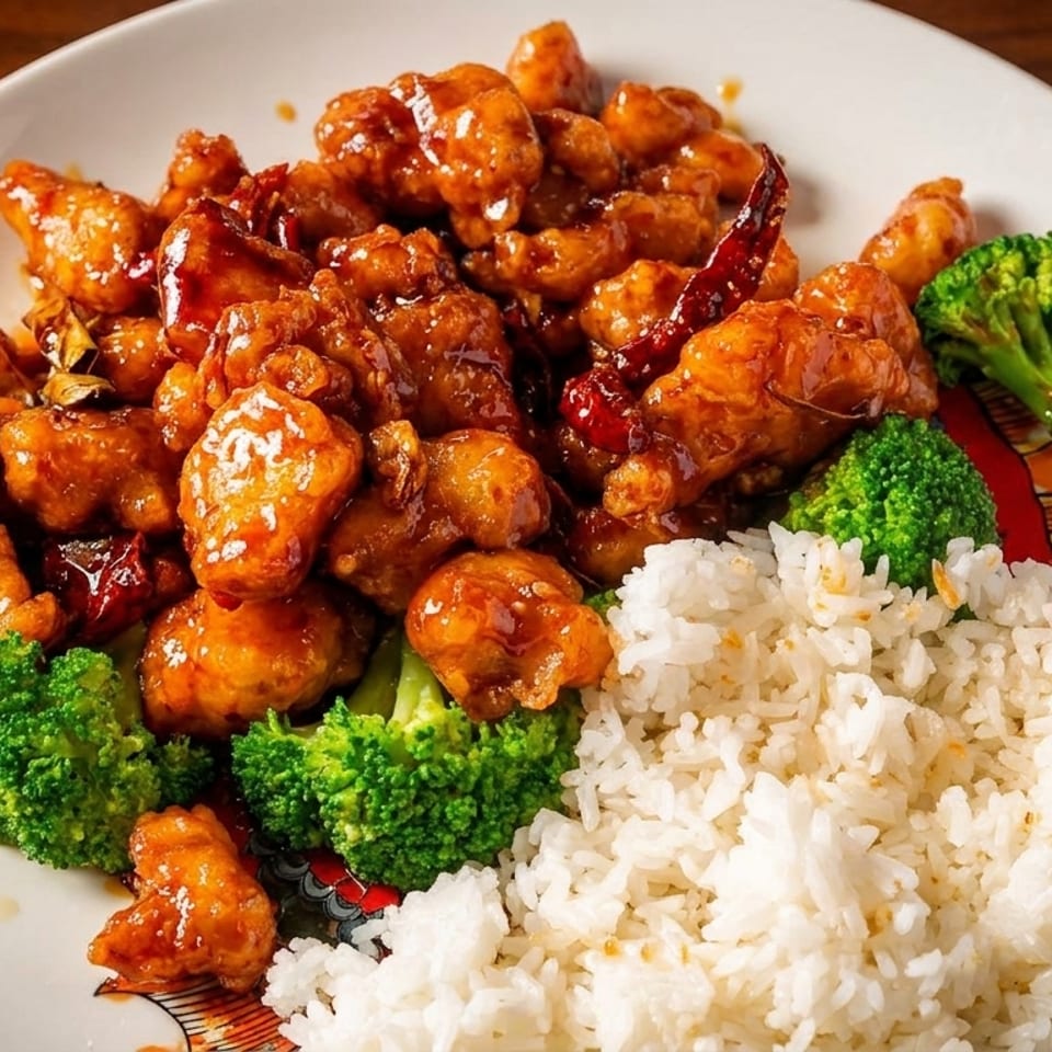 General Tso's chicken with broccoli and white rice on a white plate with a decorative rim.