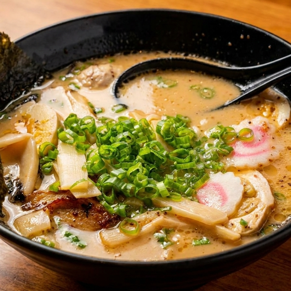 A black bowl of ramen with green onions, bamboo shoots, fish cake, and a sheet of nori.
