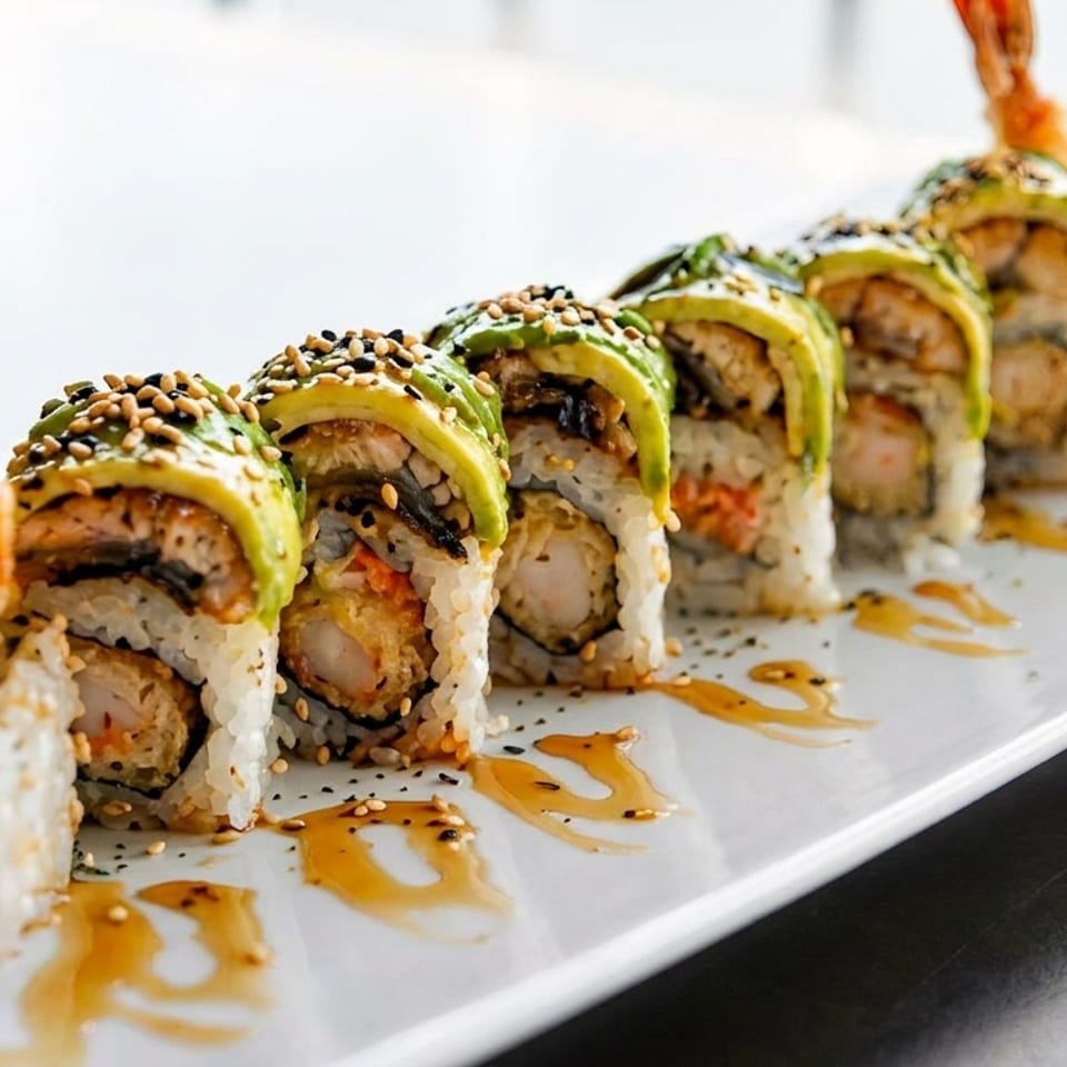 Dragon sushi roll with tempura shrimp, avocado, sesame seeds, and sauce on a white plate.
