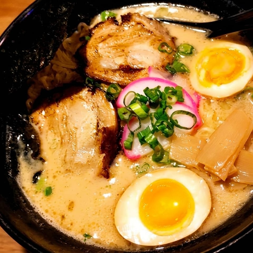 Close-up of a ramen bowl with pork, soft-boiled eggs, bamboo shoots, and scallions.