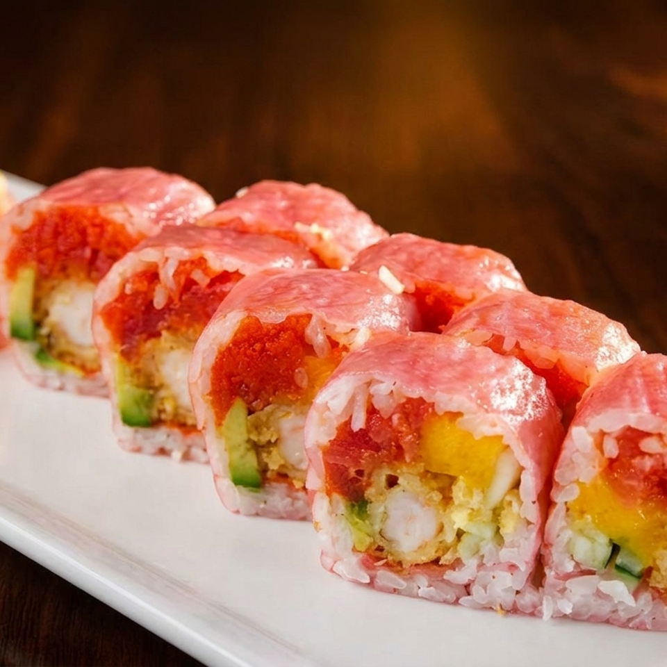 A row of colorful sushi rolls with pink rice, red topping, and various fillings on a white plate.