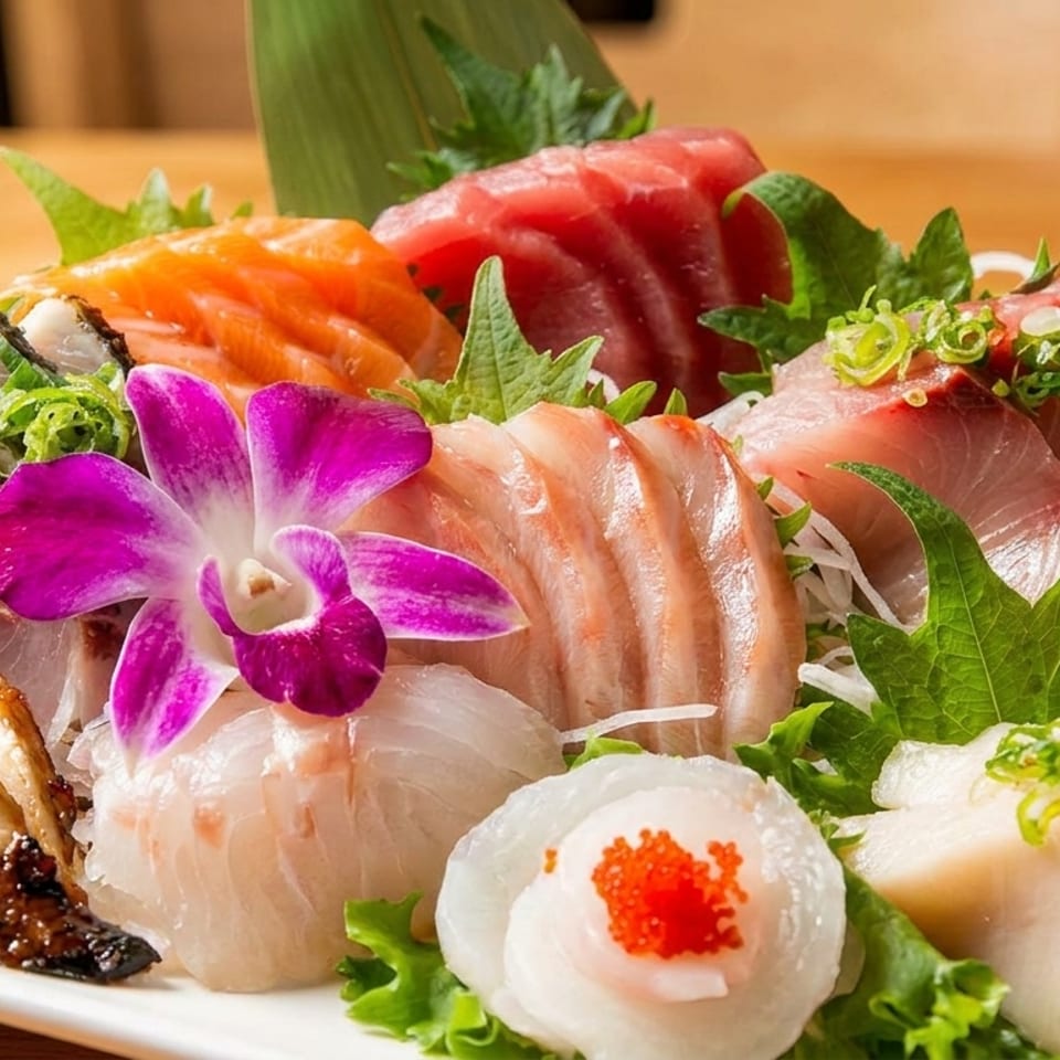 Assorted sashimi platter with tuna, salmon, eel, and other seafood, garnished with a purple orchid.